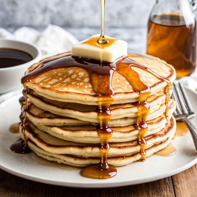 Maple syrup pouring over a stack of golden pancakes with a pat of butter, coffee, and syrup bottle.